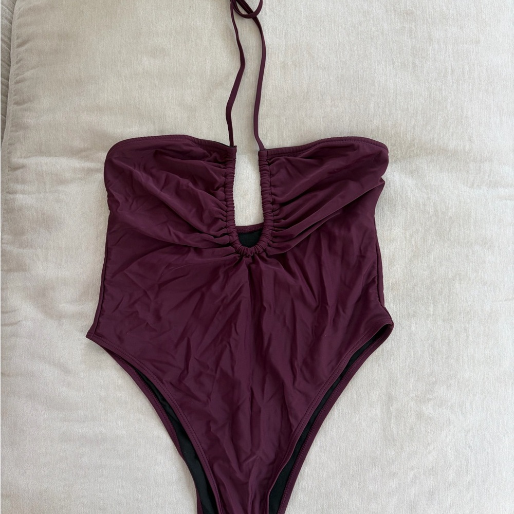 Muse Plum Halter Ruched One-Piece Swimsuit